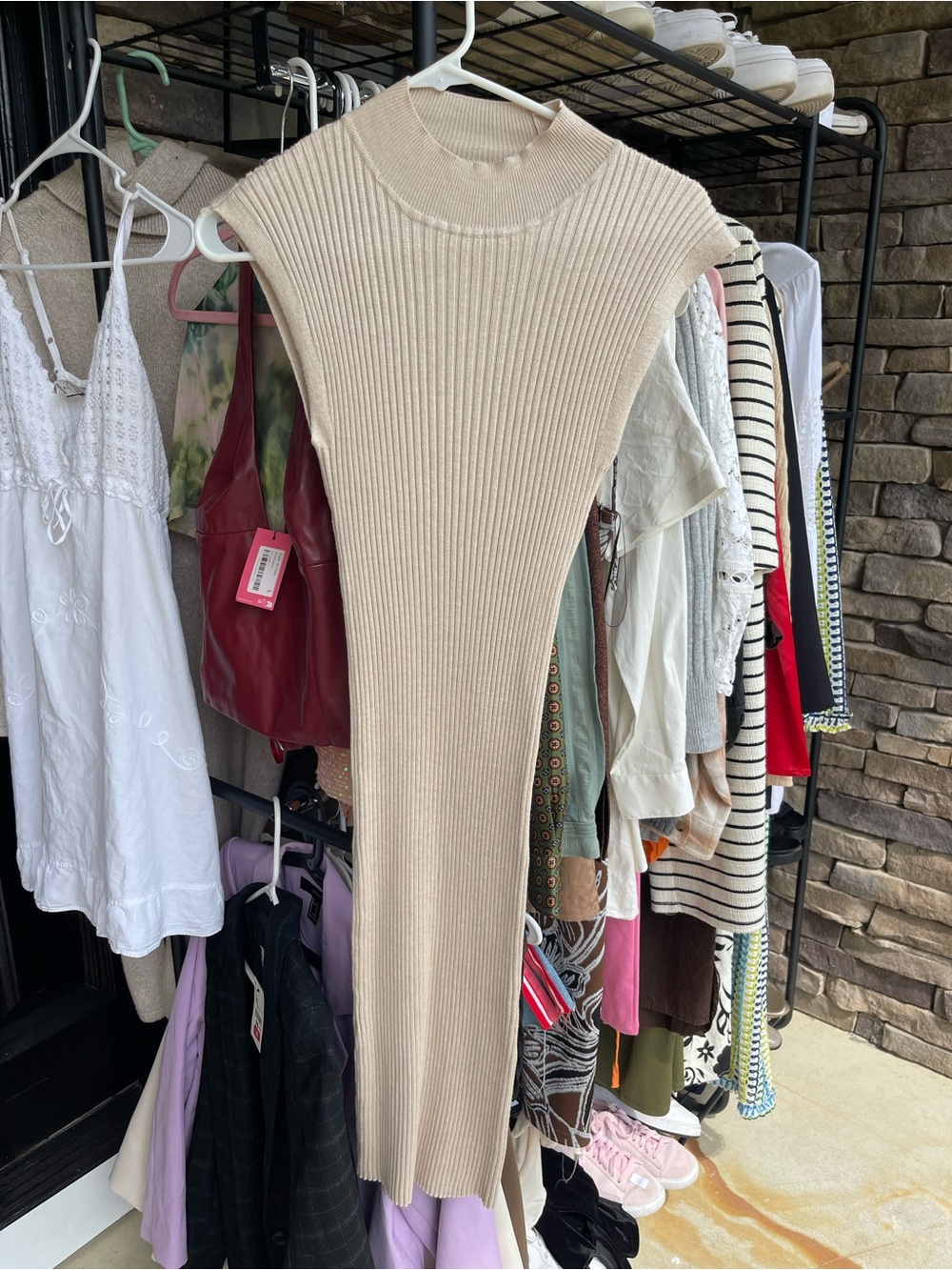 Pink Rose Ribbed Sleeveless Midi Dress in Light Beige